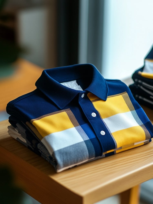 Men's Business Casual Blue and Yellow Block Button Short Sleeve Polo Shirt