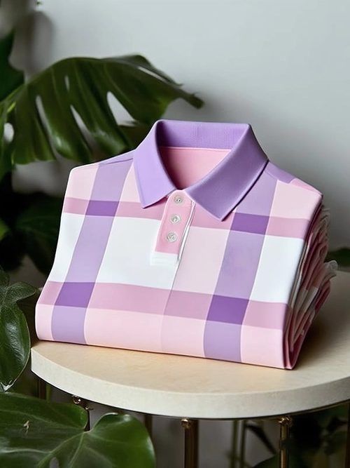 Men's Classic Business Check Button Short Sleeve Polo Shirt