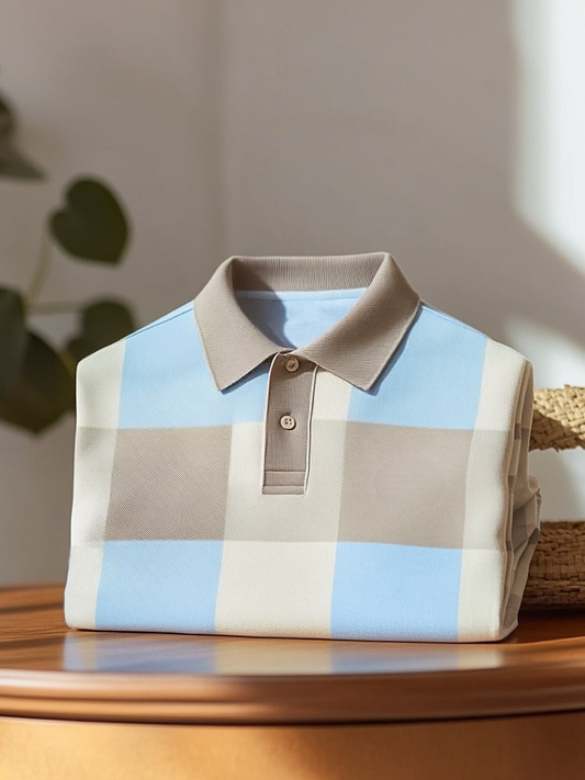 Men's Classic Business Check Logo Button Short Sleeve Polo Shirt