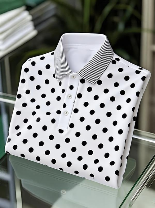 Men's Classic Business Black and White Polka Dot Logo Button Short Sleeve Polo Shirt