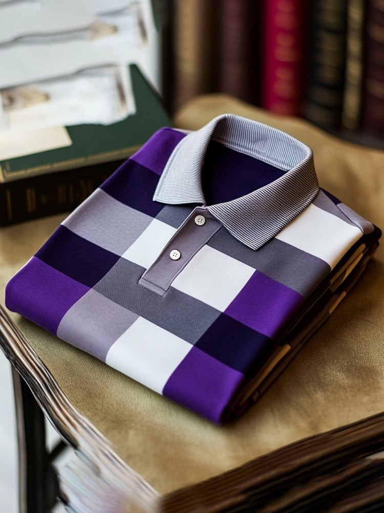 Men's Classic Business Check Logo Button Short Sleeve Polo Shirt