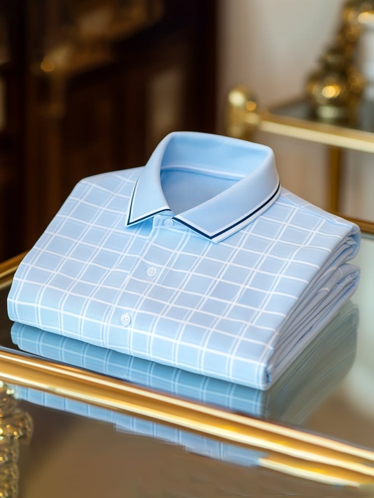 Men's Classic Business Check Button Short Sleeve Polo Shirt