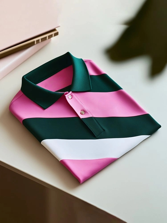 Men's Classic Business Check Logo Button Short Sleeve Polo Shirt
