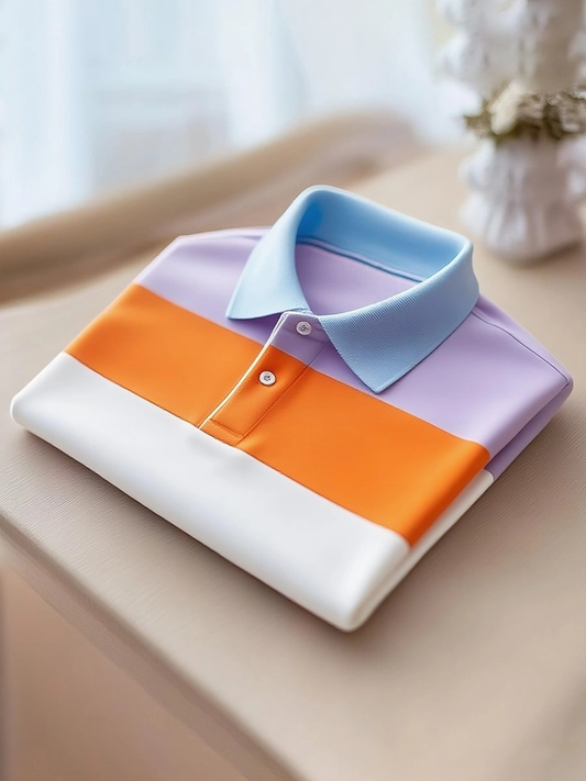 Men's Classic Business Stripe Logo Button Short Sleeve Polo Shirt