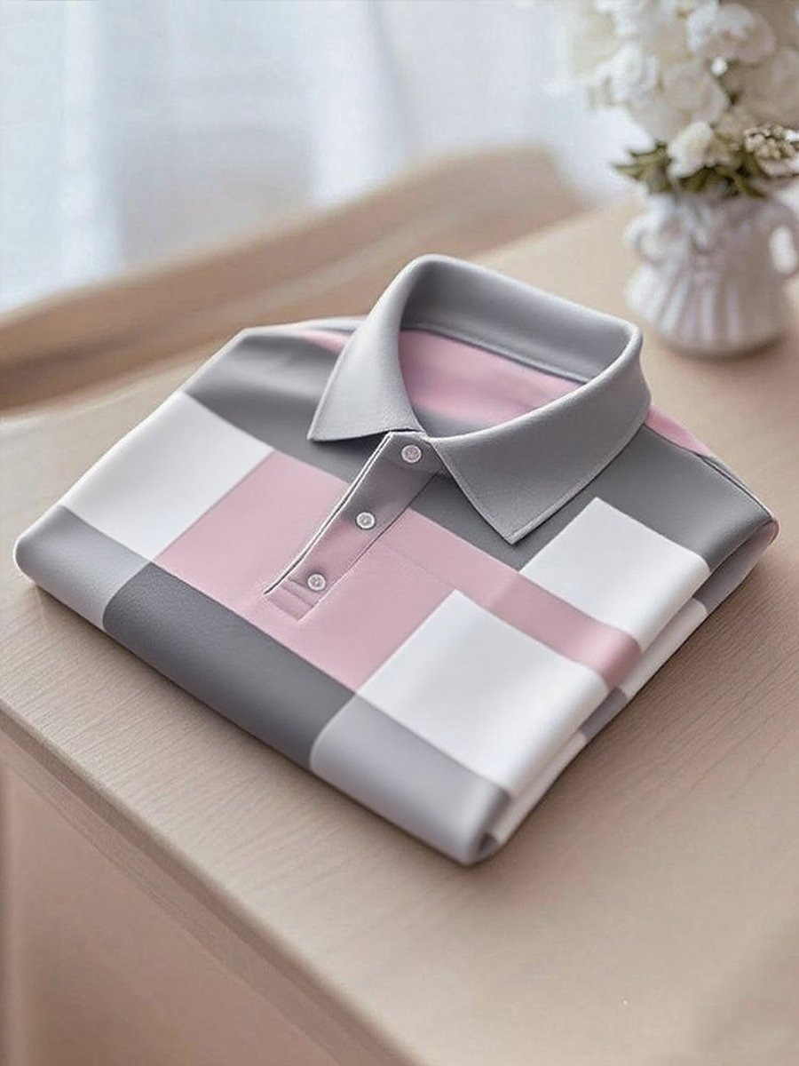 Men's Business Casual Grey and Pink Button Short Sleeve Polo Shirt