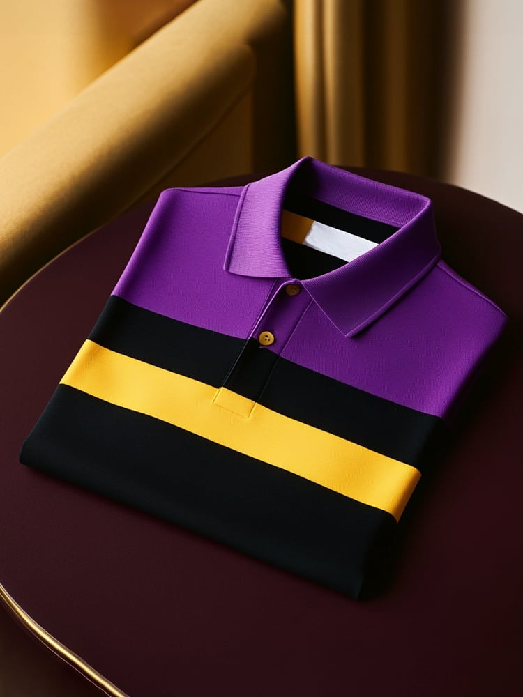 Men's Classic Business Check Logo Button Short Sleeve Polo Shirt
