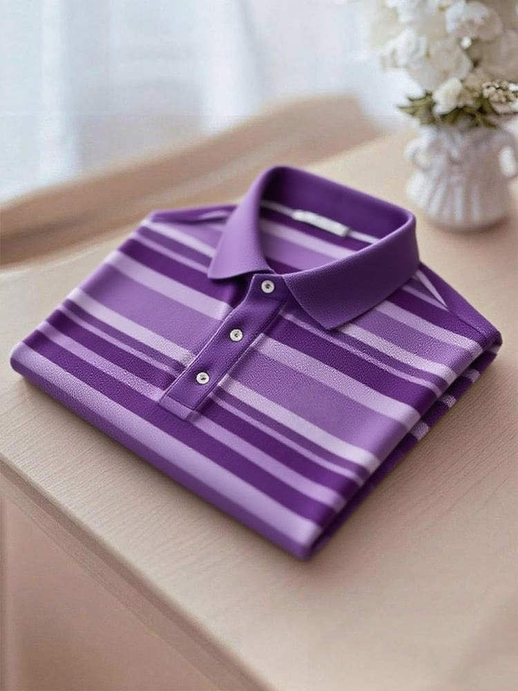 Men's Business Casual Purple Stripe Button Short Sleeve Polo Shirt