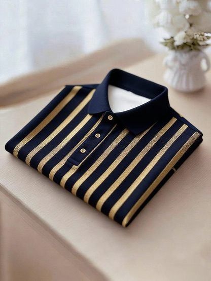 Men's Business Casual Gold and Black Stripe Button Short Sleeve Polo Shirt