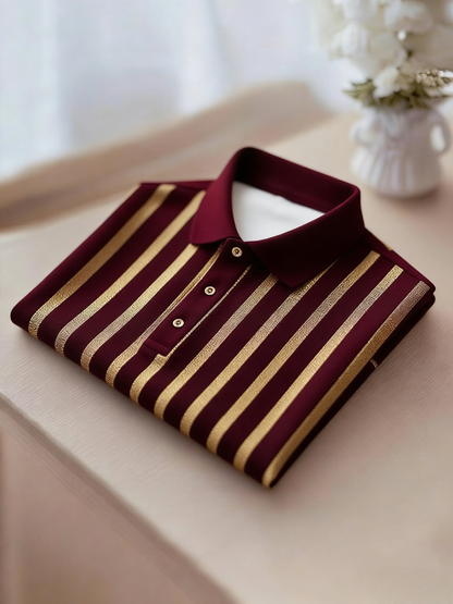 Men's Business Casual Gold and Black Stripe Button Short Sleeve Polo Shirt