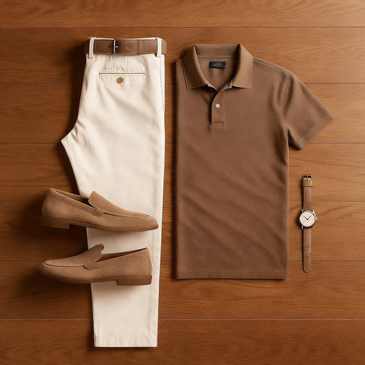 Men's Casual Color Matching Printed Polo-Collar Short Sleeved Trousers Two-Piece Set 15