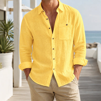 Fashioninprint Men's Casual Lapel Collar Linen Long-Sleeve Shirts