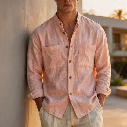Fashioninprint Men's Cotton-linen Casual Long-sleeve Stand-collar Shirt