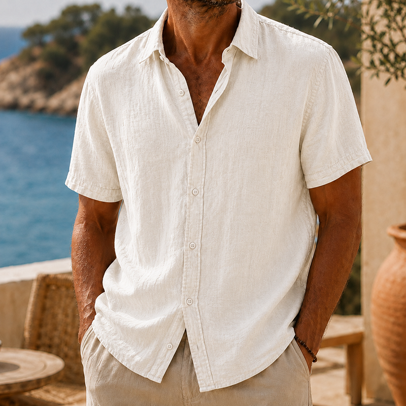 Fashioninprint Men’s Vintage Washed Cotton Linen Short Sleeve Shirt