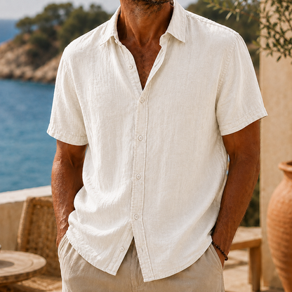 Fashioninprint Men’s Vintage Washed Cotton Linen Short Sleeve Shirt