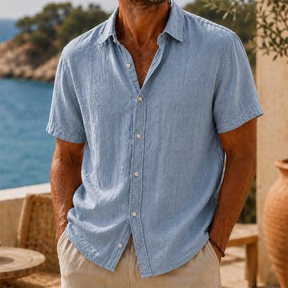 Fashioninprint Men’s Vintage Washed Cotton Linen Short Sleeve Shirt