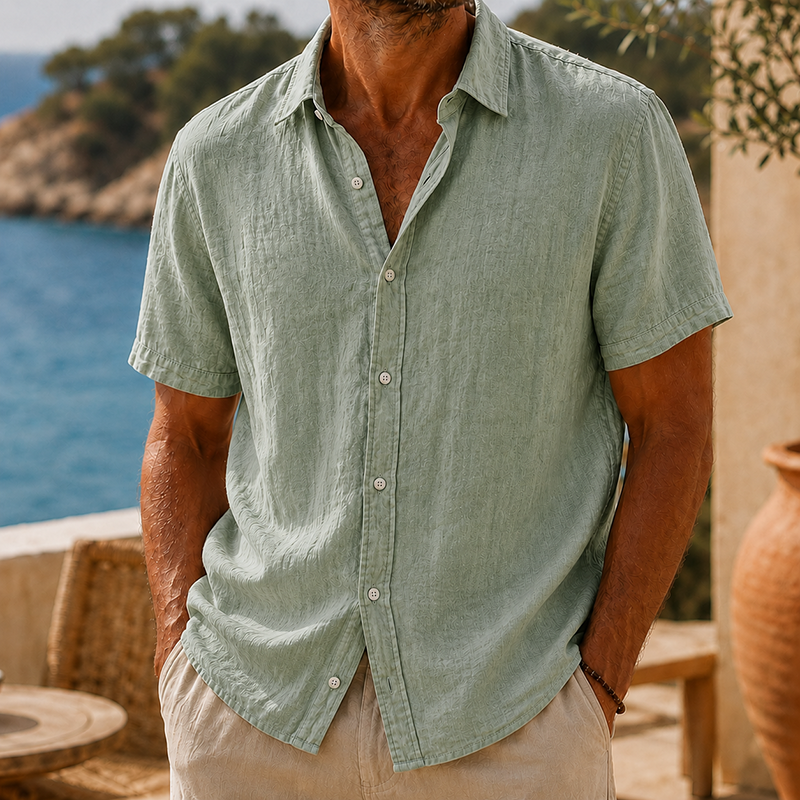 Fashioninprint Men’s Vintage Washed Cotton Linen Short Sleeve Shirt