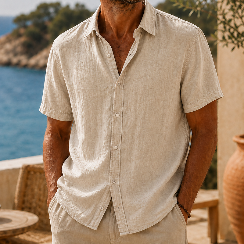 Fashioninprint Men’s Vintage Washed Cotton Linen Short Sleeve Shirt