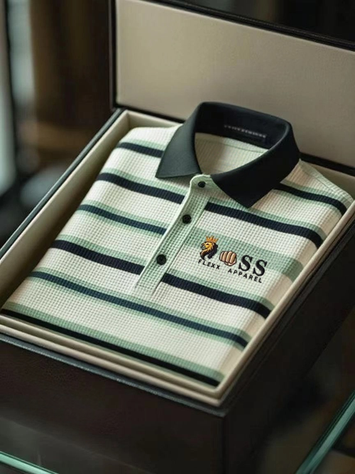 Men's Fashion Business Style Letter Printed Waffle Casual Short Sleeve POLO Shirt