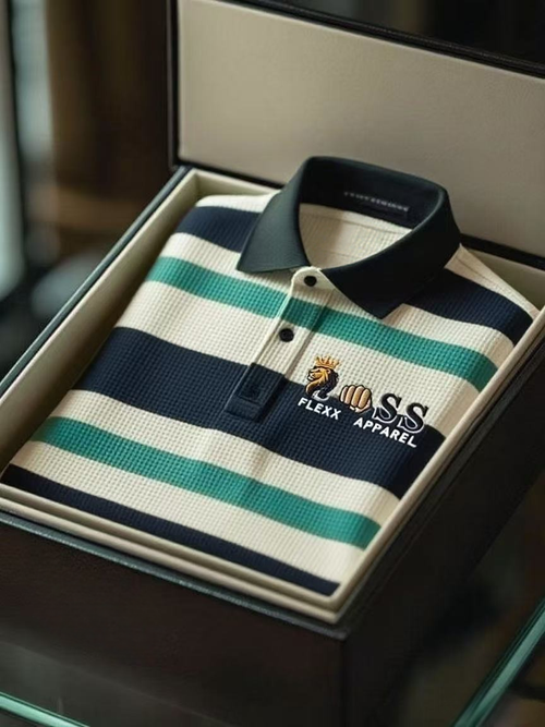 Men's Fashion Business Style Letter Printed Waffle Casual Short Sleeve POLO Shirt