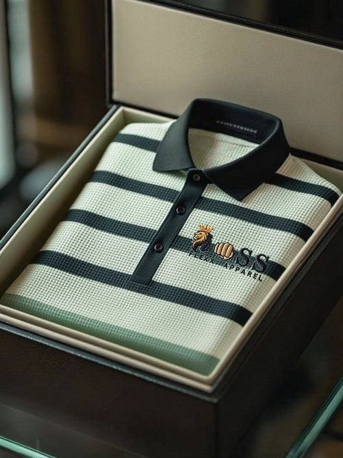Men's Fashion Business Style Letter Printed Waffle Casual Short Sleeve POLO Shirt