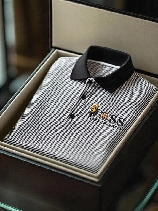 Men's Fashion Business Style Letter Printed Waffle Casual Short Sleeve POLO Shirt