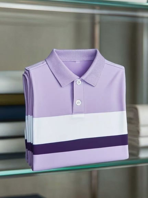 Men's Business Casual Color Block Stripe Button Short Sleeve Polo Shirt