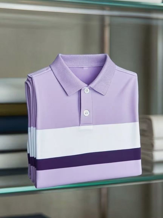 Men's Business Casual Color Block Stripe Button Short Sleeve Polo Shirt
