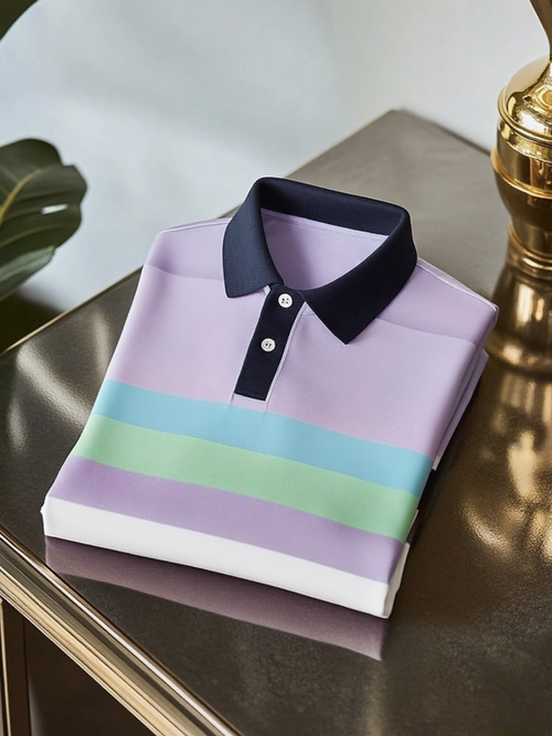 Men's Business Casual Color Block Stripe Button Short Sleeve Polo Shirt