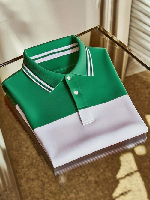 Men's Business Casual Color Block Stripe Button Short Sleeve Polo Shirt