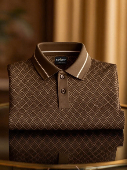 Men's Classic Business Check Logo Button Short Sleeve Polo Shirt