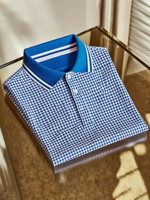 Men's Classic Business Check Logo Button Short Sleeve Polo Shirt