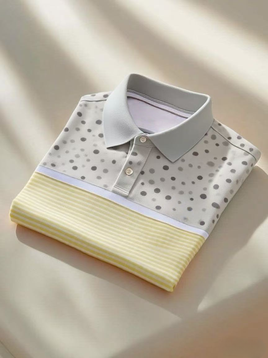 Men's Classic Business Stripe Logo Button Short Sleeve Polo Shirt