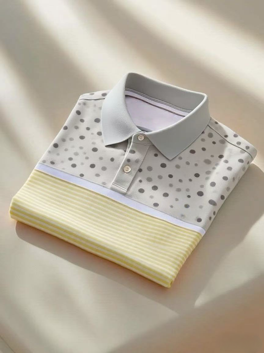 Men's Classic Business Stripe Logo Button Short Sleeve Polo Shirt