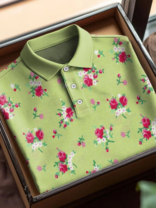 Vintage Floral Art Print Casual Cotton Short Sleeve Polo