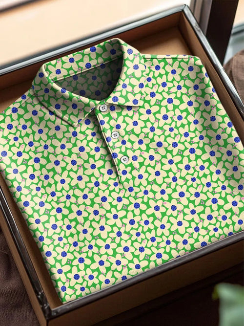 Vintage Flower Art Print Casual Cotton Short Sleeve Polo