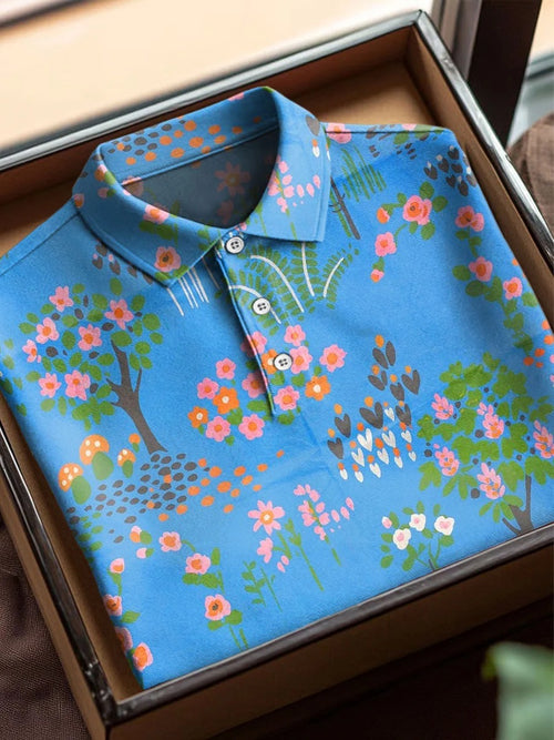 Vintage Floral Art Print Casual Cotton Short Sleeve Polo