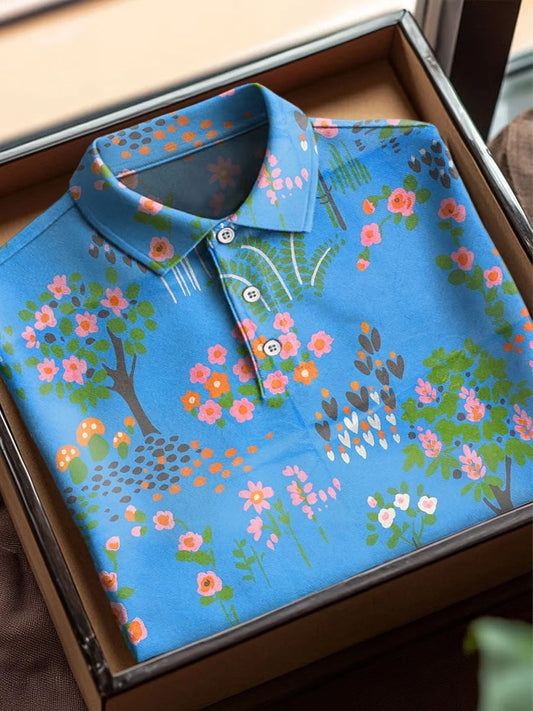 Vintage Floral Art Print Casual Cotton Short Sleeve Polo
