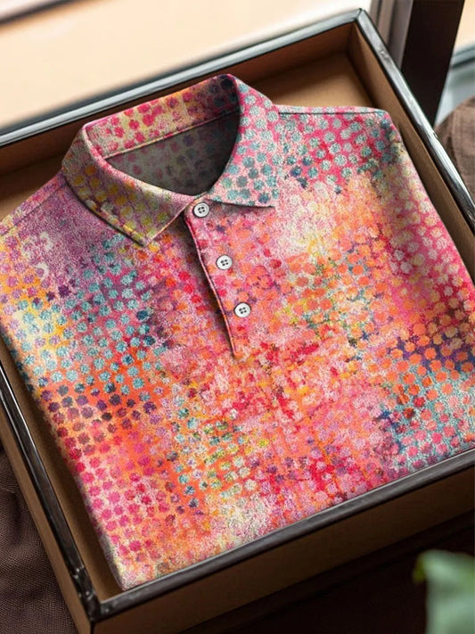 Vintage Abstract Geometric Color Blocks Art Print Casual Cotton Short Sleeve Polo