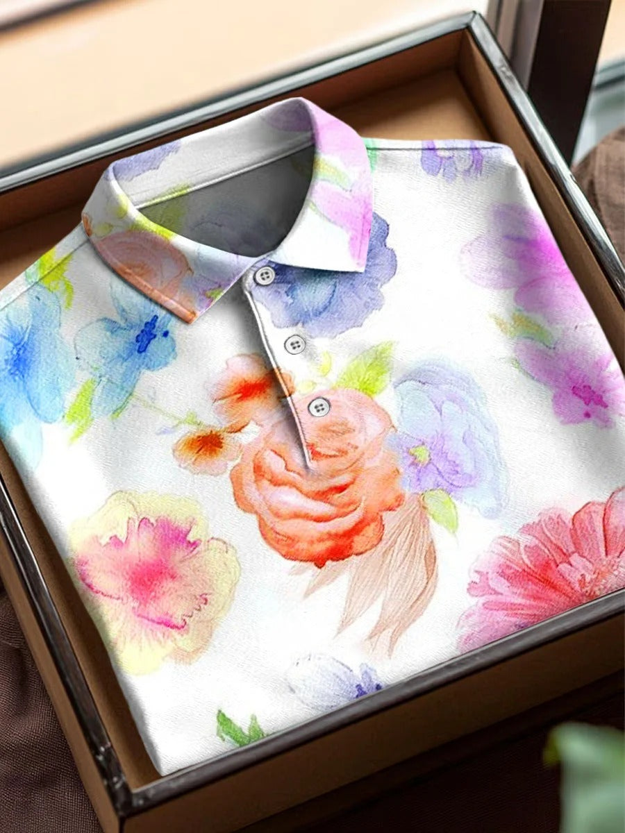 Vintage Abstract Flowers Art Print Casual Cotton Short Sleeve Polo