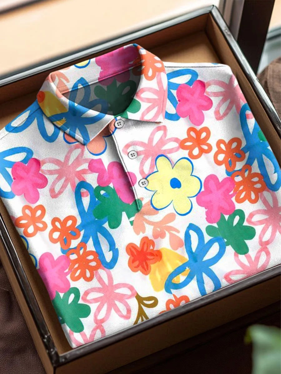 Vintage Abstract Flowers Art Print Casual Cotton Short Sleeve Polo