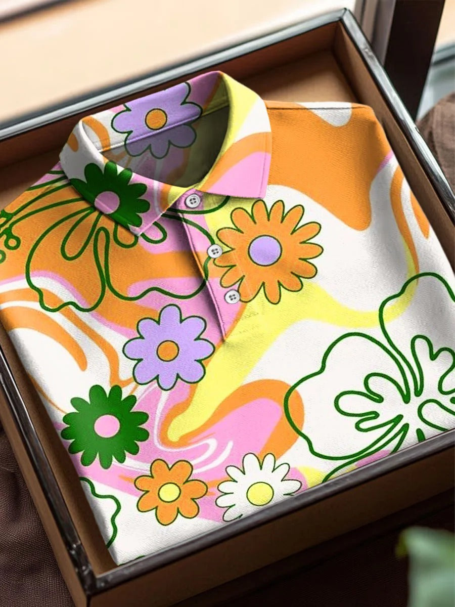 Vintage Abstract Flowers Art Print Casual Cotton Short Sleeve Polo