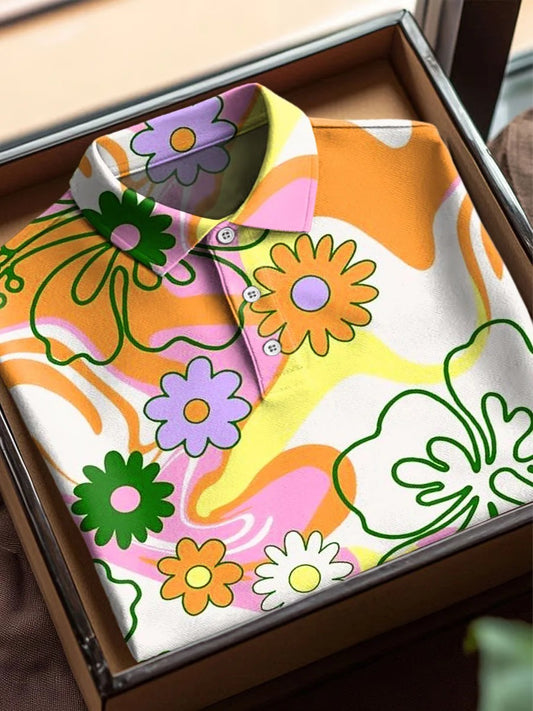 Vintage Abstract Flowers Art Print Casual Cotton Short Sleeve Polo