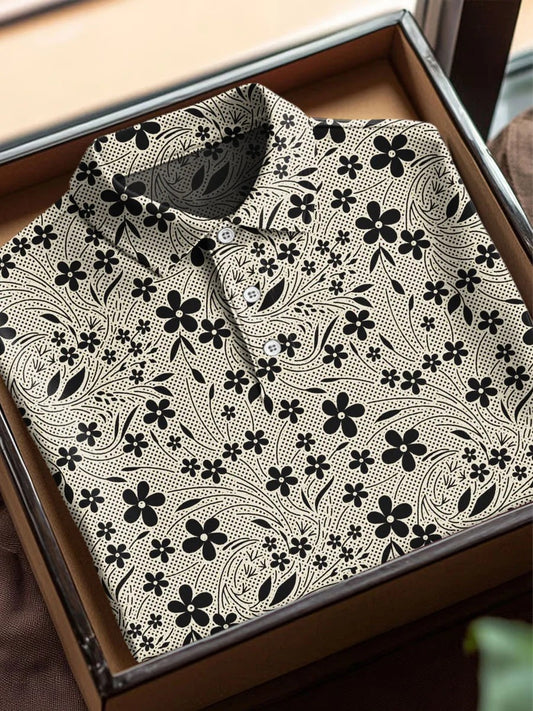 Vintage Flower Art Print Casual Cotton Short Sleeve Polo