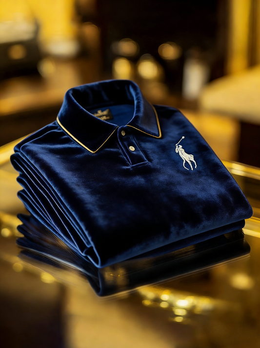 Men's Velvet Business Logo Print Long Sleeve Polo Shirt