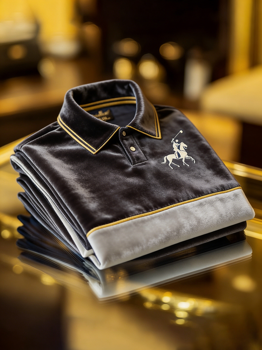 Men's Velvet Business Logo Print Long Sleeve Polo Shirt