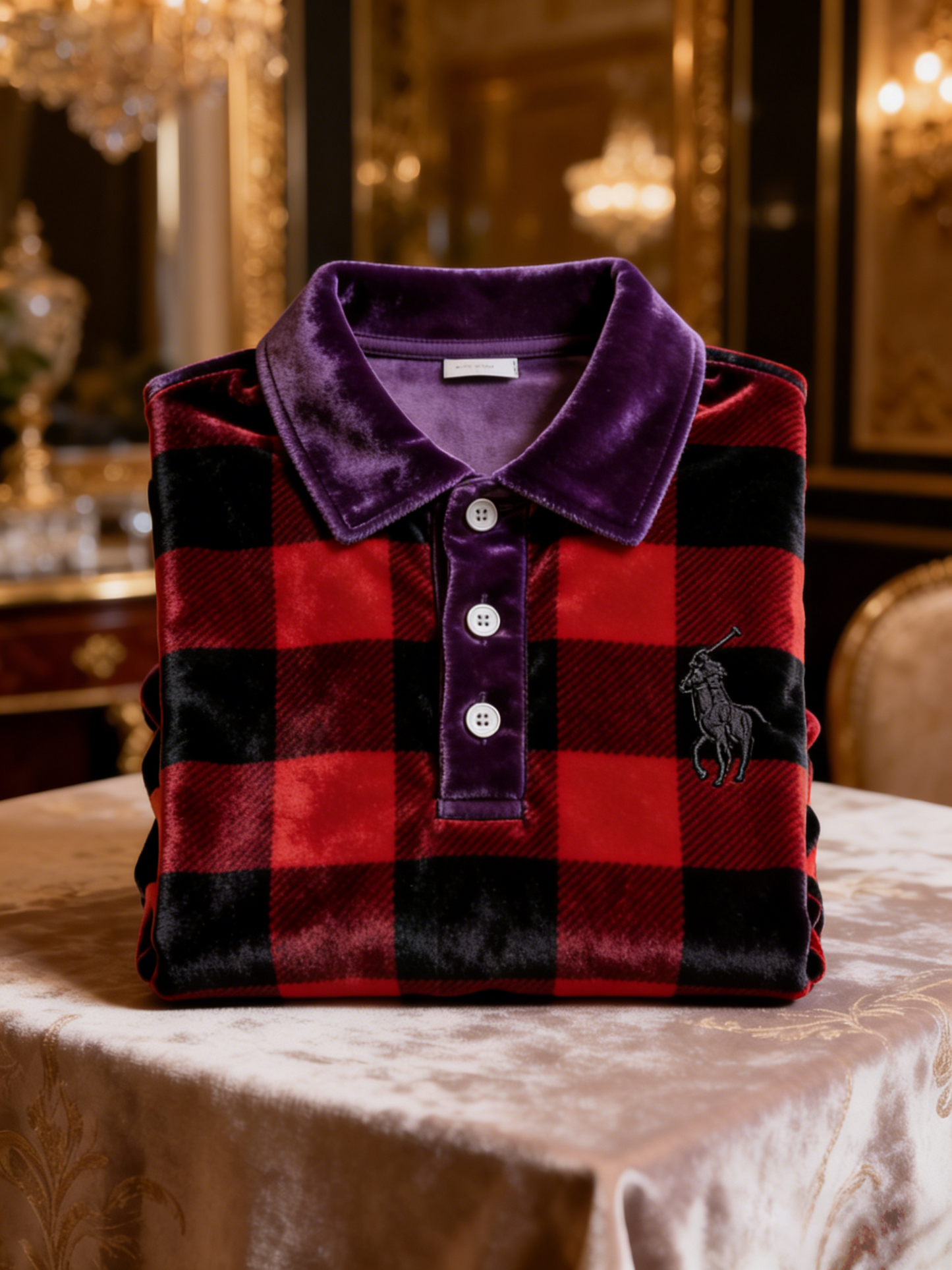 Men's Velvet Business Logo Print Long Sleeve Polo Shirt