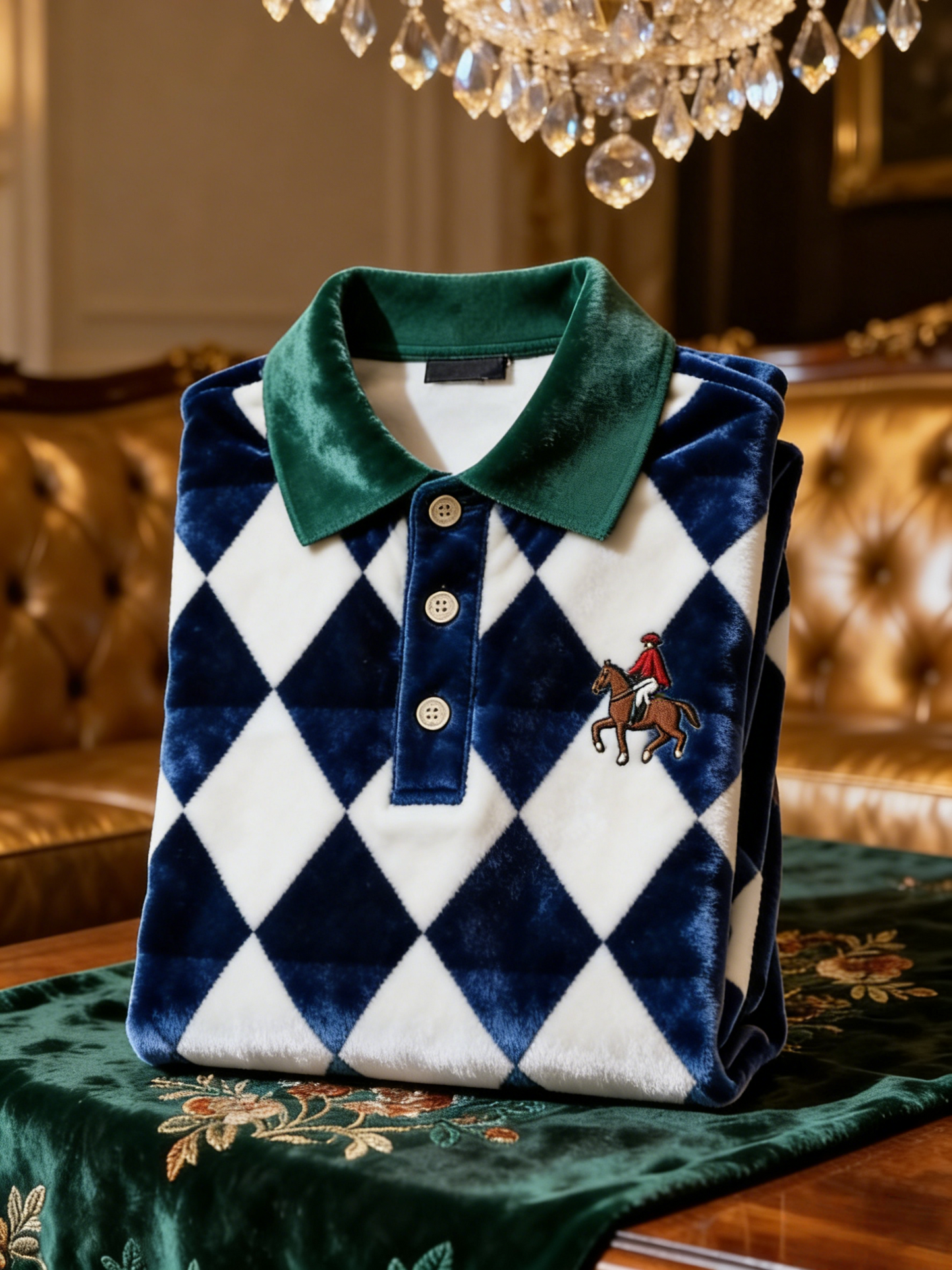 Men's Velvet Business Logo Print Long Sleeve Polo Shirt