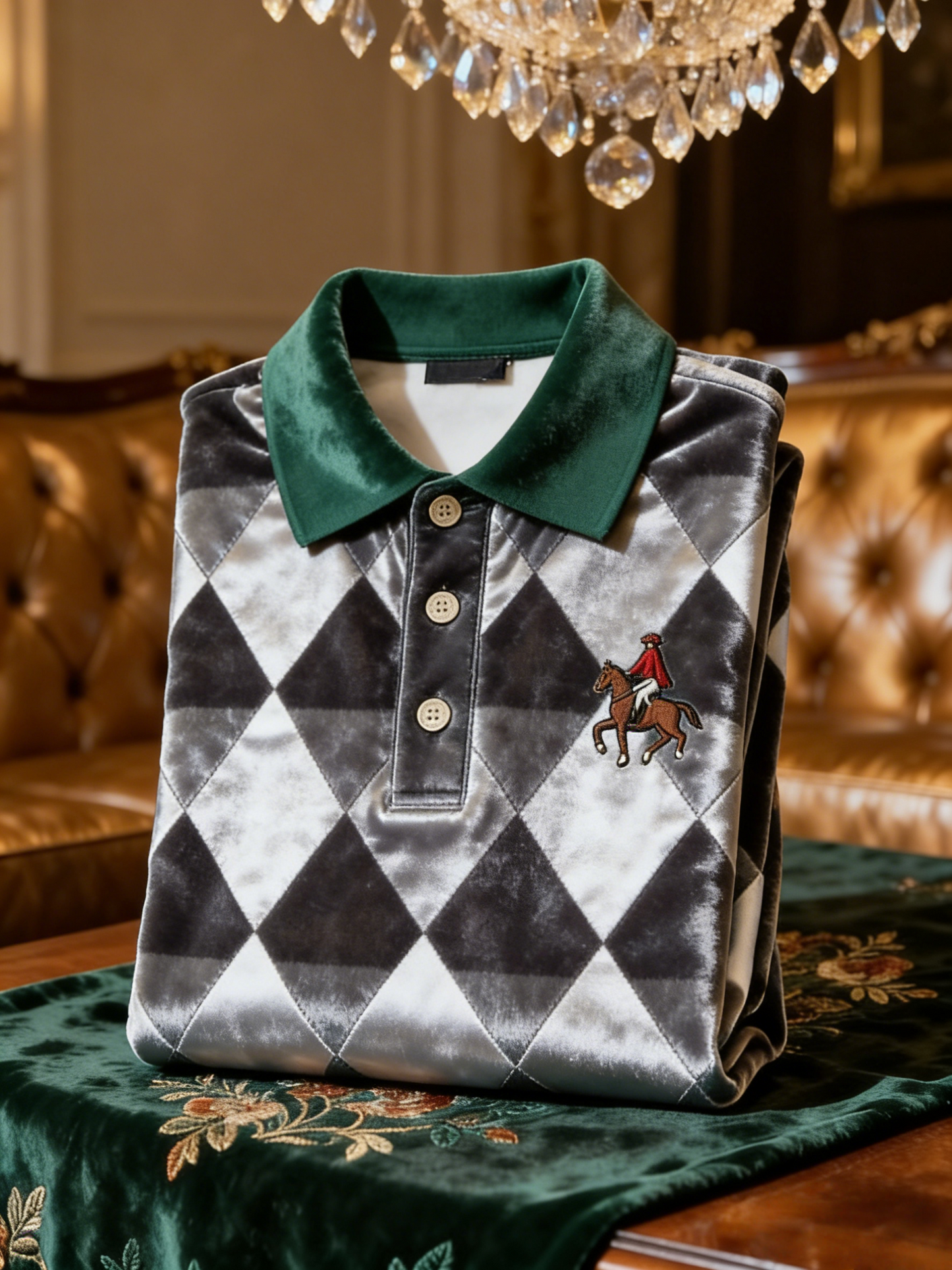 Men's Velvet Business Logo Print Long Sleeve Polo Shirt