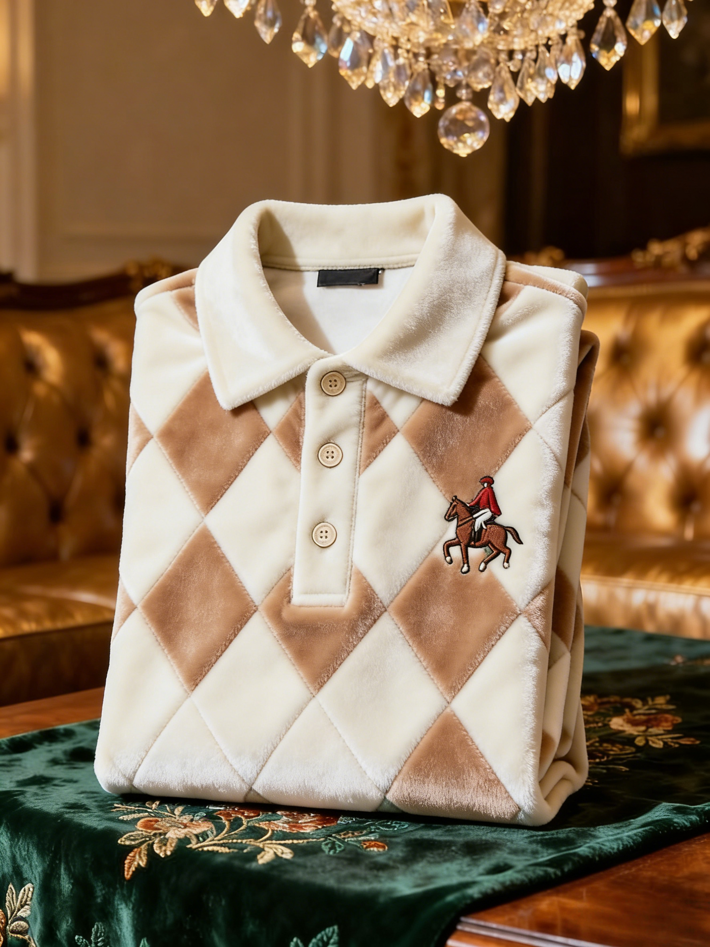 Men's Velvet Business Logo Print Long Sleeve Polo Shirt