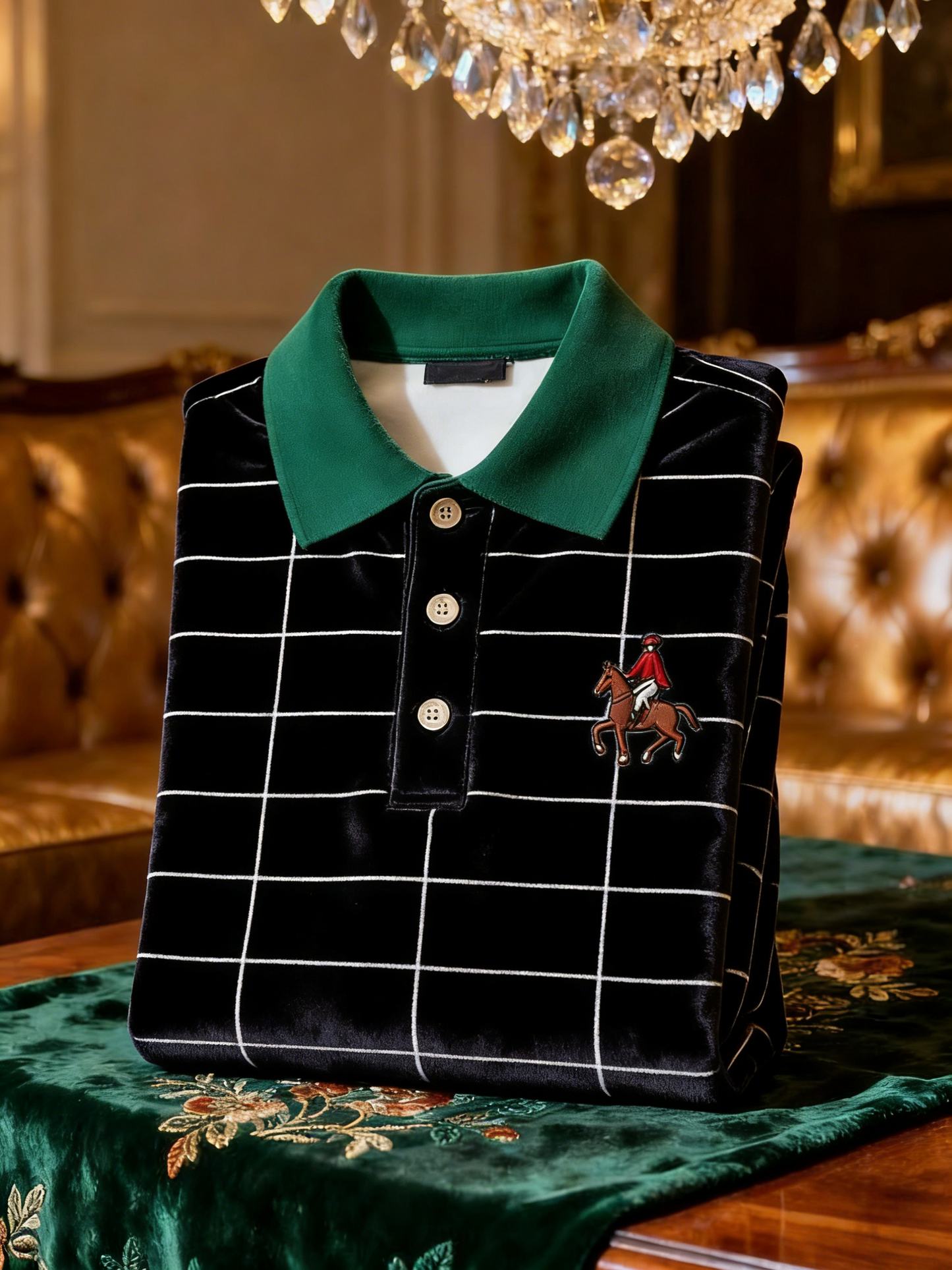 Men's Velvet Business Logo Print Long Sleeve Polo Shirt